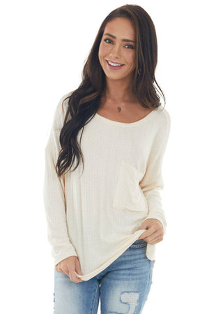 Champagne Textured Knit Top with Chest Pocket