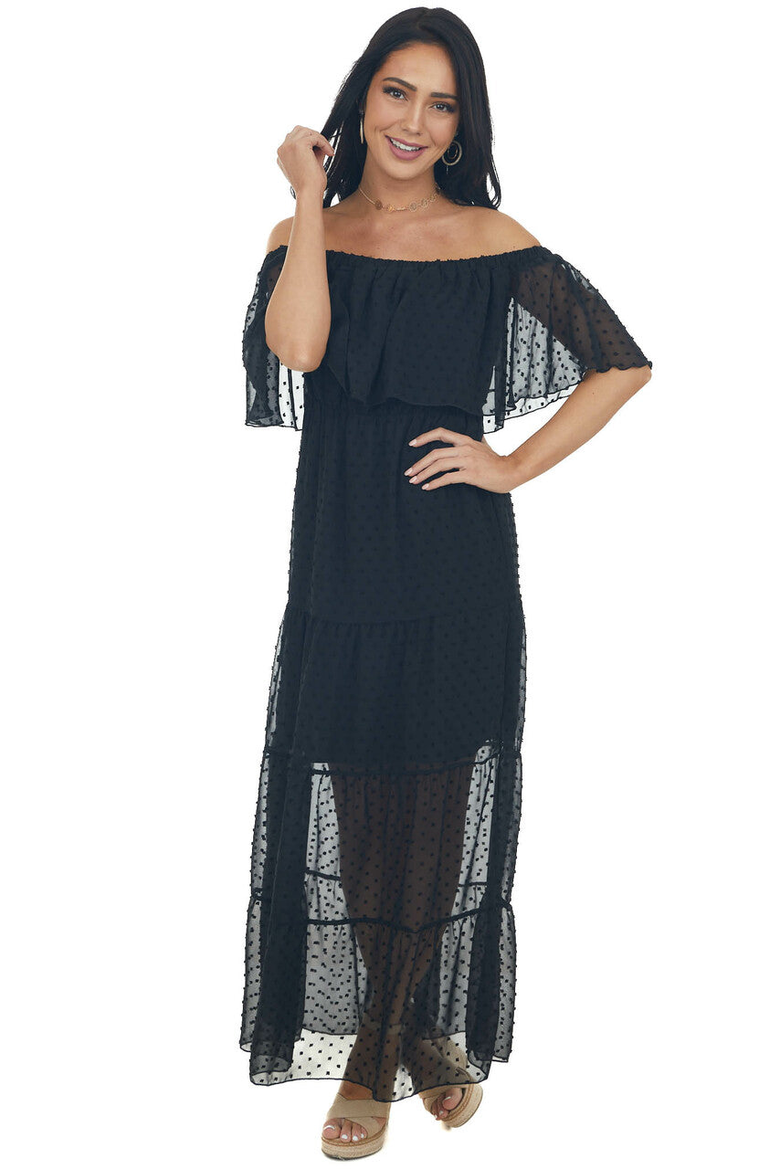Black Swiss Dot Ruffled Off the Shoulder Maxi Dress