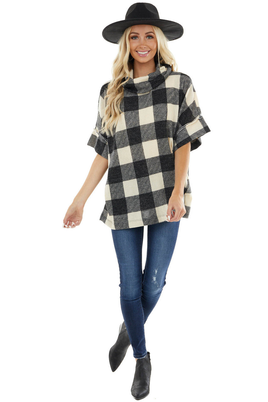Charcoal and Cream Buffalo Plaid Oversize Top with Cowl Neck 