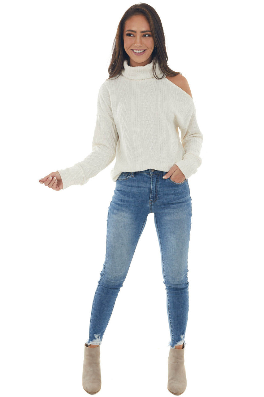 Cream Textured Cowl Neck Cold Shoulder Sweater 