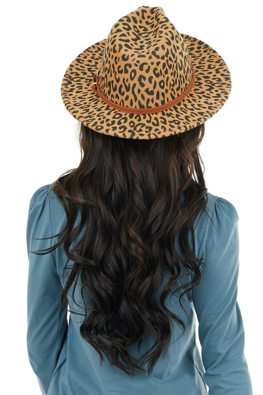 Beige Leopard Print Panama Hat with Brown Belt Detail