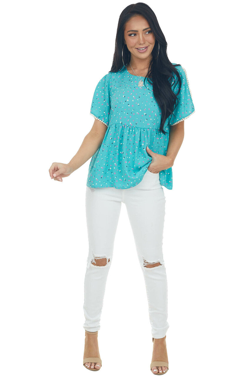 Teal Multicolor Polka Dot Drop Waist Woven Top