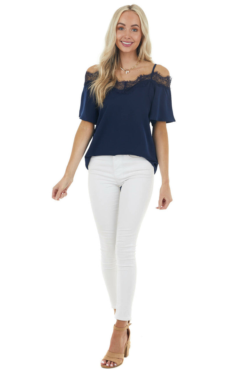 Navy Blue Cold Shoulder Short Sleeve Blouse with Lace