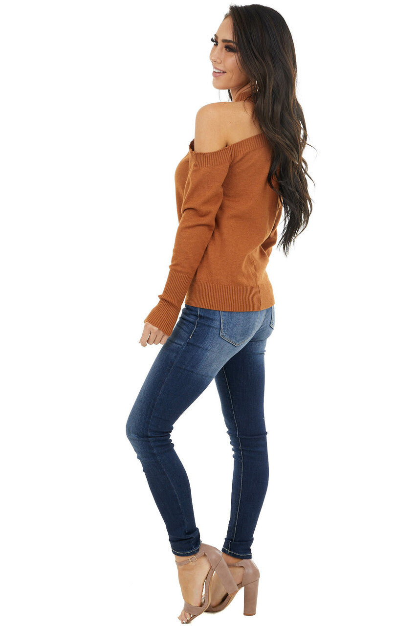 Cognac Mock Neck Soft Stretchy Knit Top with Cold Shoulders 