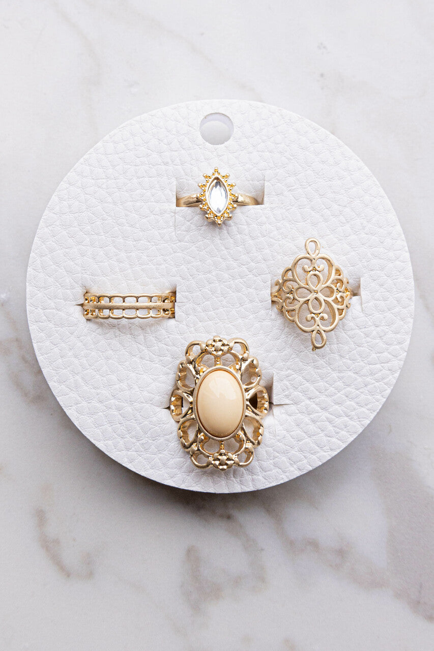 Antique Gold Filigree Stone 4 Piece Ring Set