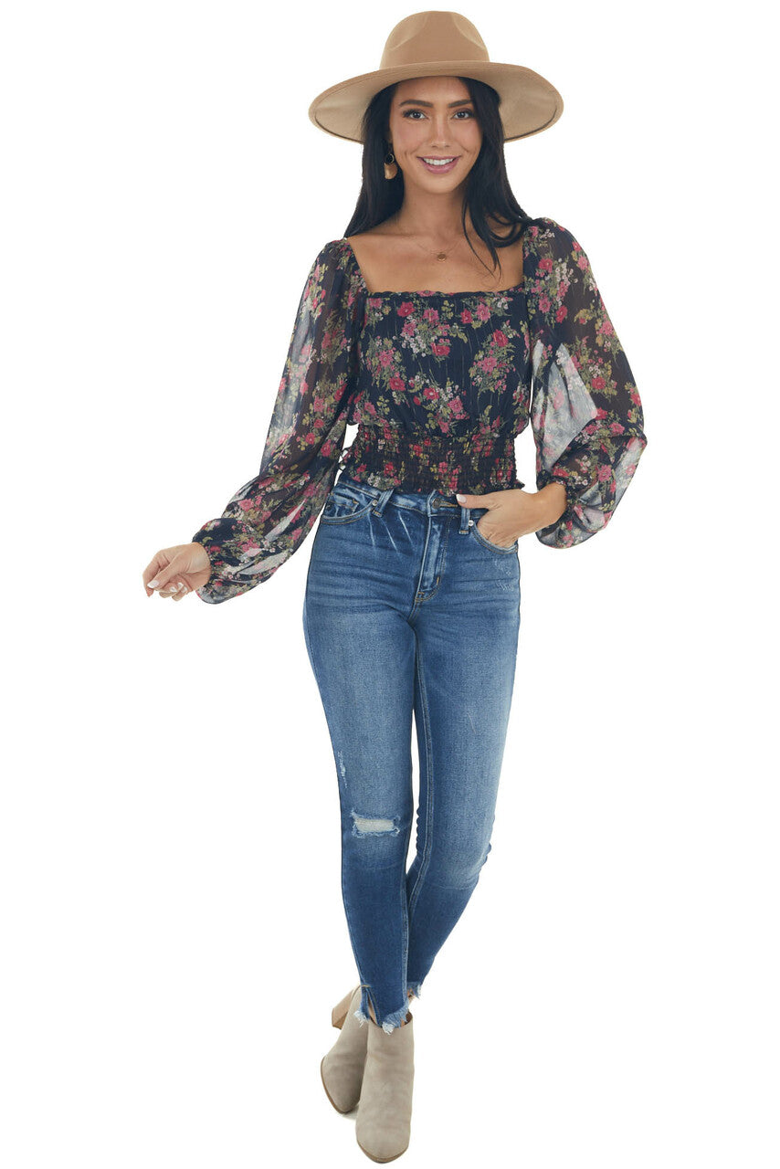 Dark Navy Floral Sheer Bubble Sleeve Crop Top