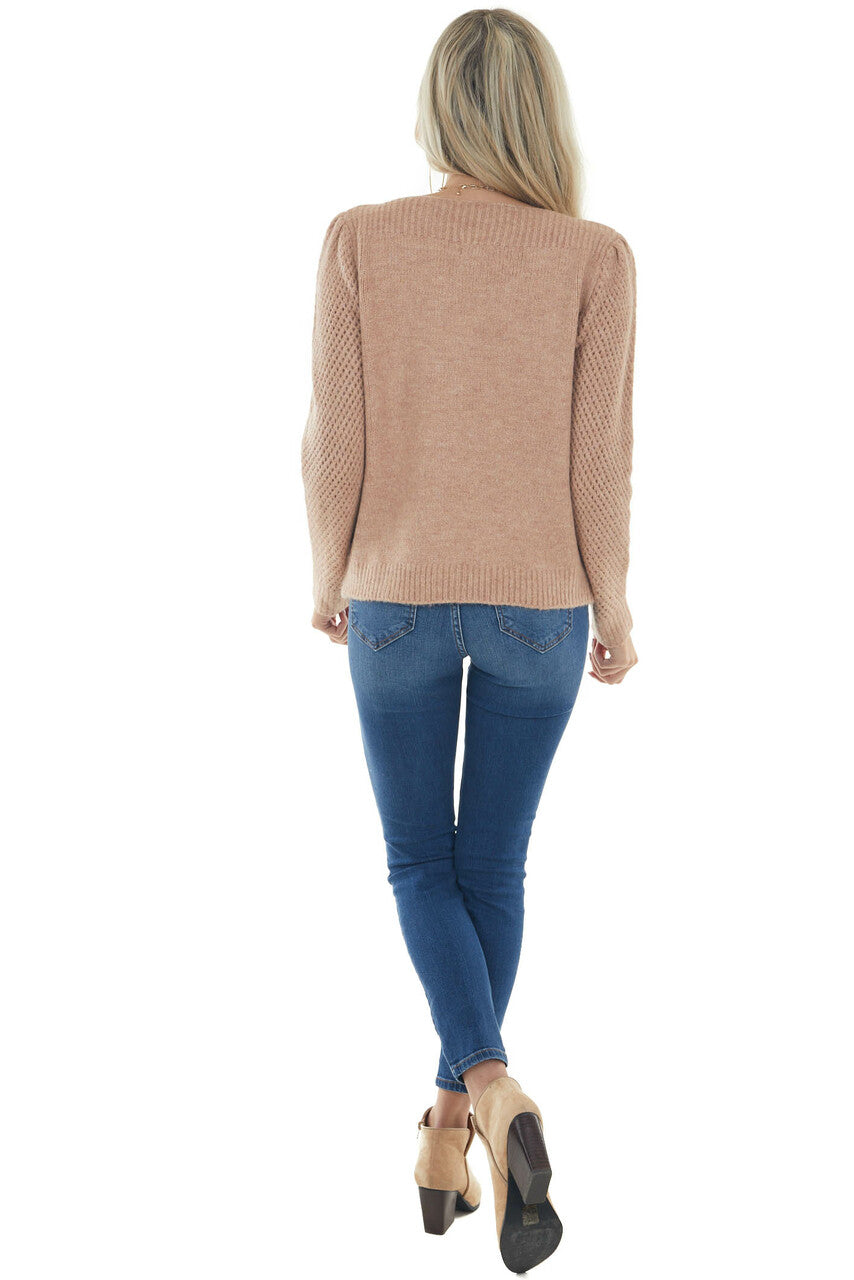 Peach Pink Boat Neck Pointelle Sleeve Sweater 