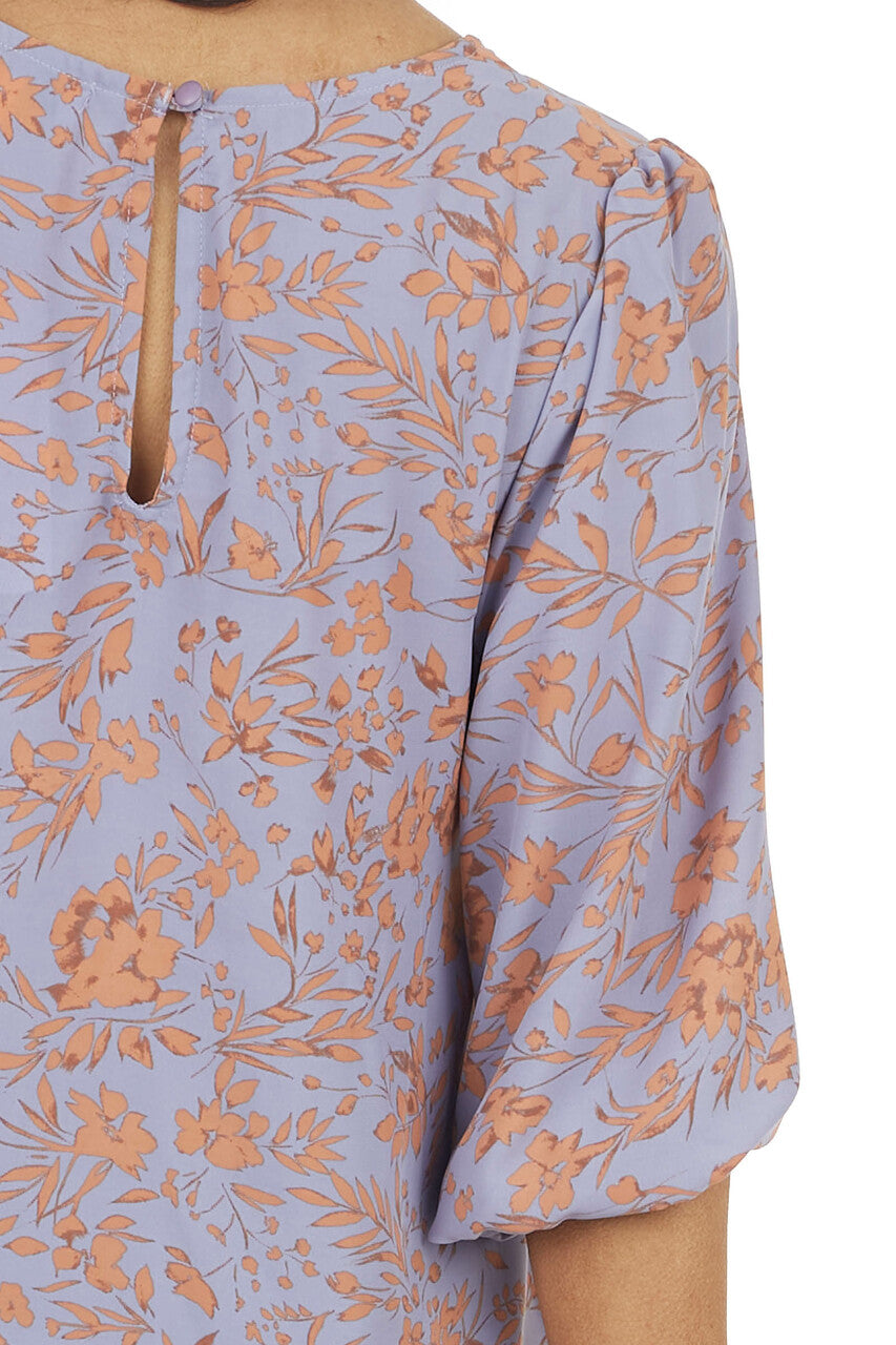Lilac Floral Pattern 3/4 Sleeve Top with Back Keyhole Detail