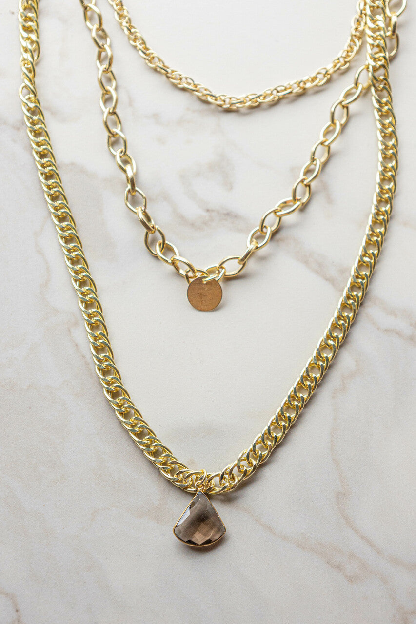 Gold Layered Chain Necklace with Stone Pendant