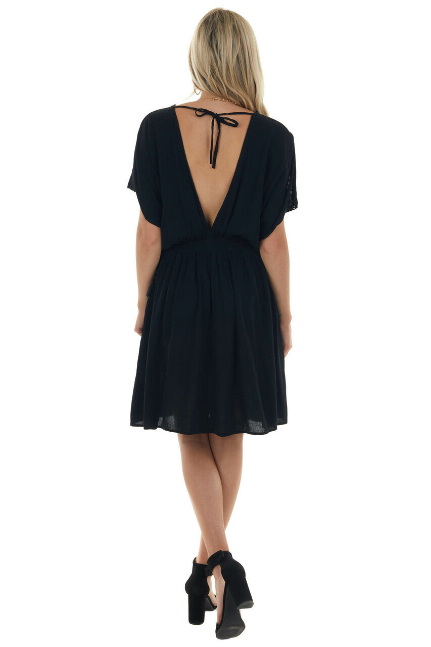 Black Crochet Lace Short Sleeve Surplice Dress