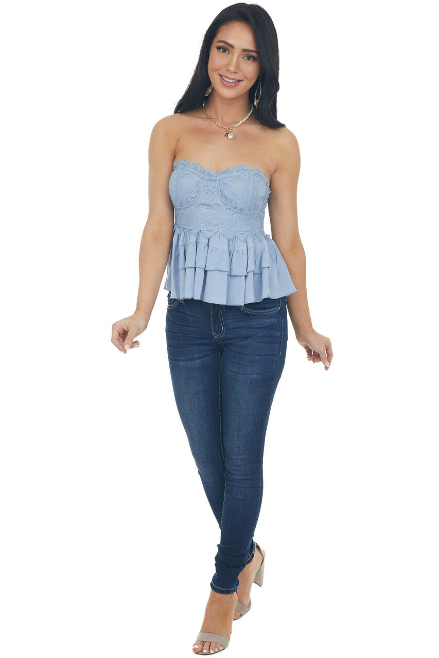 Powder Blue Tiered Ruffle Strapless Lace Woven Top