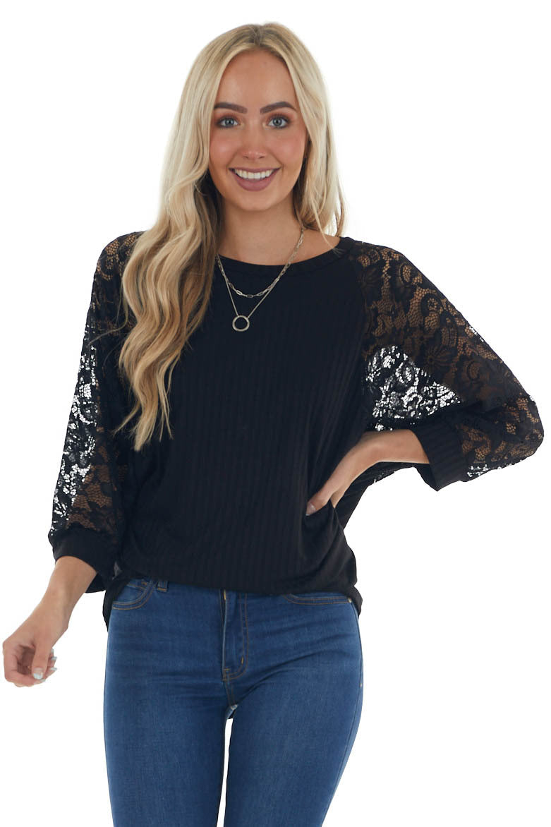 Black Ribbed Dolman 3/4 Lace Sleeve Knit Top