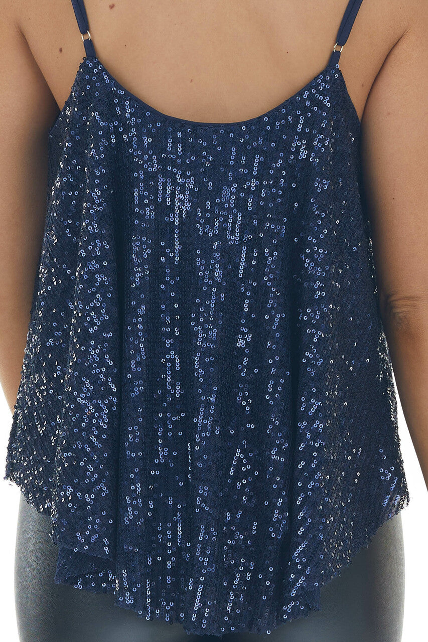 Navy Blue Spaghetti Strap Knit Sequin Cami Top 