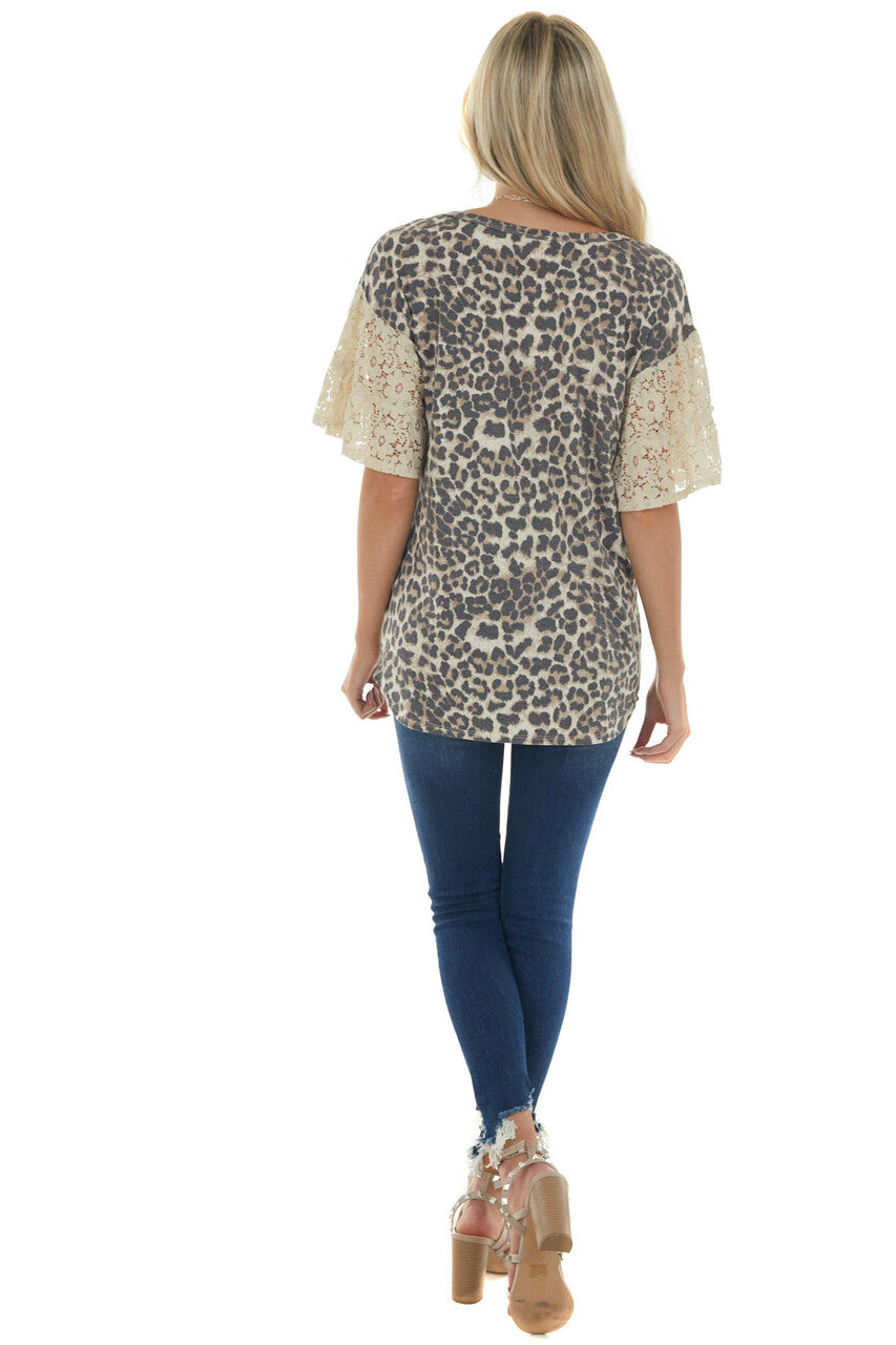 Latte Leopard Print Top with Short Floral Lace Bell Sleeves 