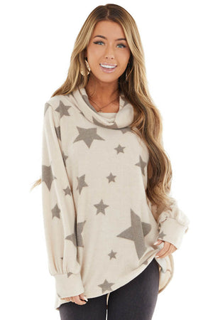 Latte Star Print Long Sleeve Flannel Top with Cowl Neckline