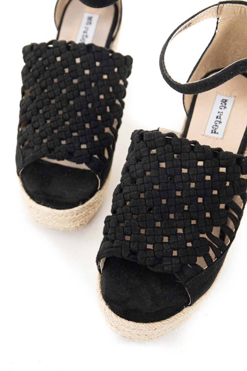 Black Basket Woven Espadrille Wedge with Ankle Strap