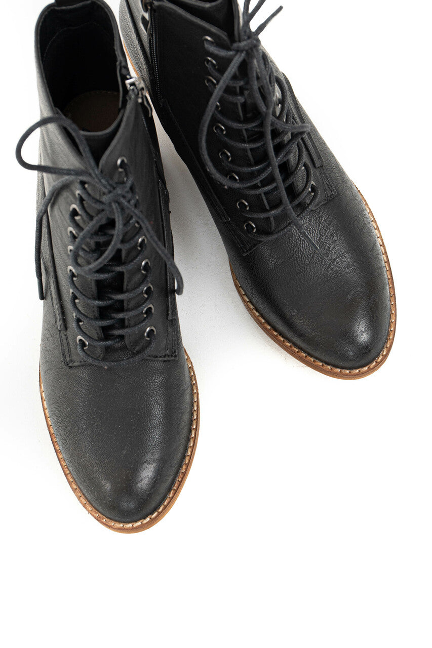 Black Faux Leather High Heeled Booties with Lace Up Front 