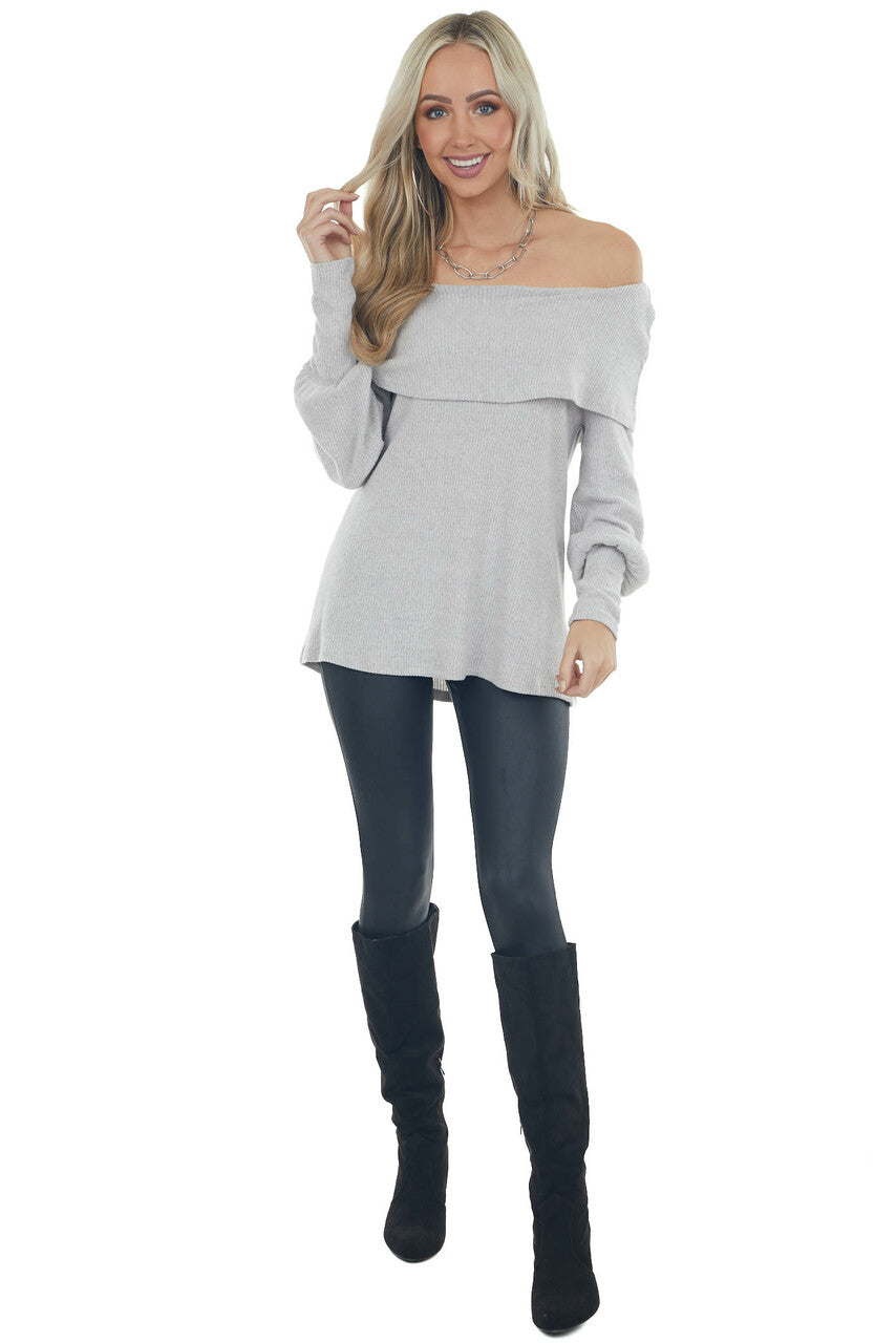 Pewter Grey Folded Off Shoulder Ribbed Knit Top