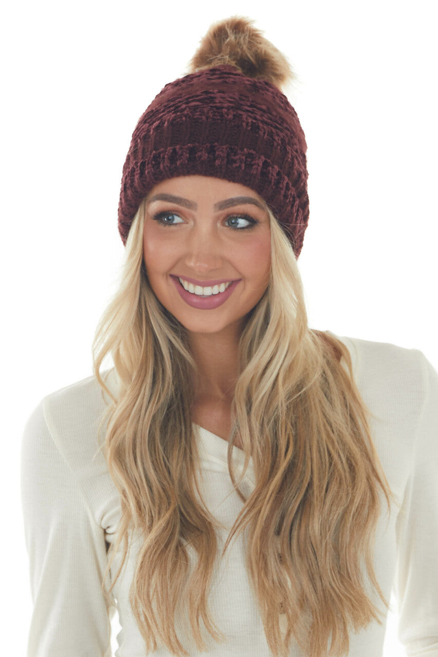 Mahogany and Rosewood Striped Pom Pom Beanie