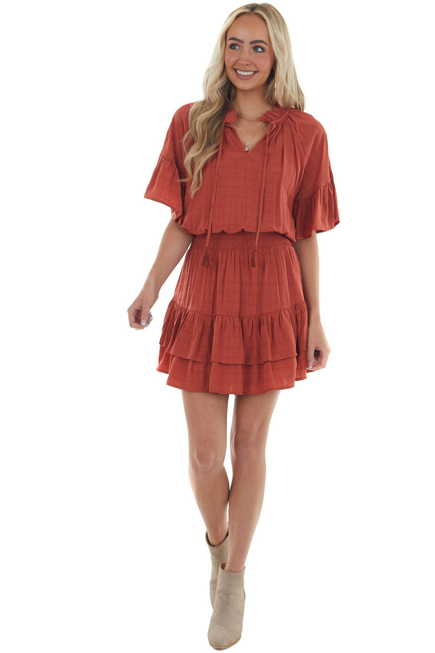 Brick Linen Ruffle Dress with Notch Neckline 