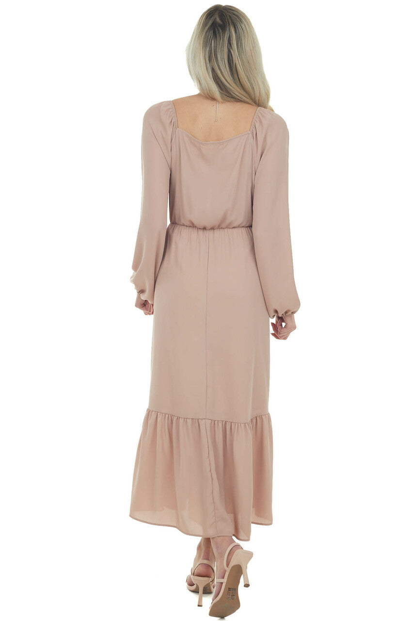Light Rose Taupe Ruched Long Sleeve Maxi Dress