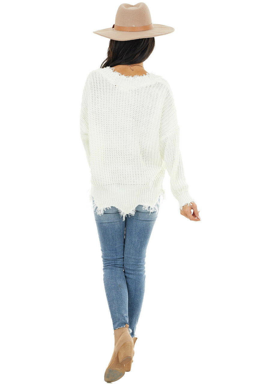 Ivory V Neck Sweater with Distressed Detail