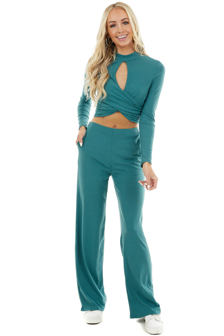 Pine Cross Front Ribbed Knit Crop Top with Front Keyhole 