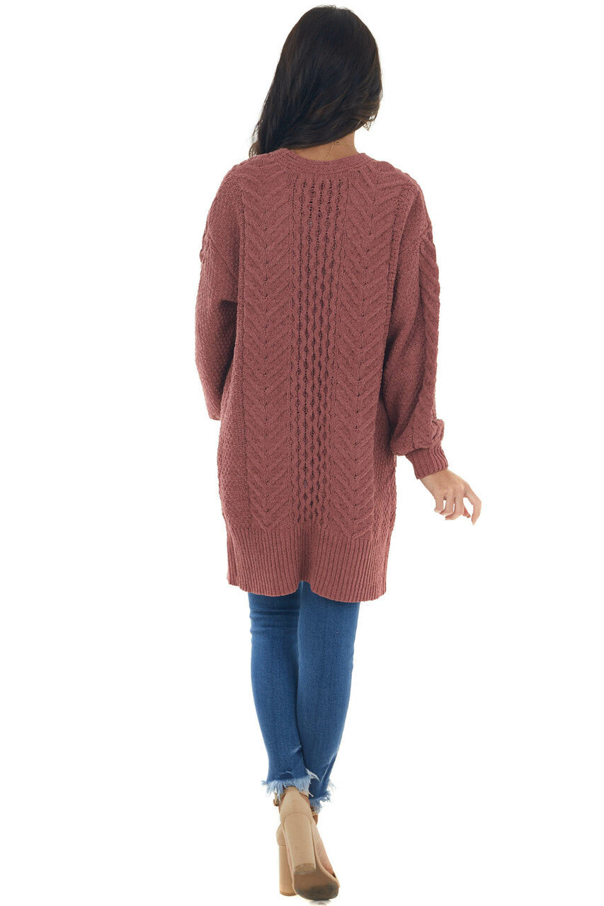 Marsala Chenille Thick Cable Knit Cardigan