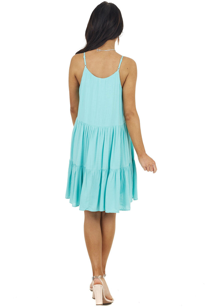 Turquoise Sleeveless Button Down Tiered Dress with V Neck