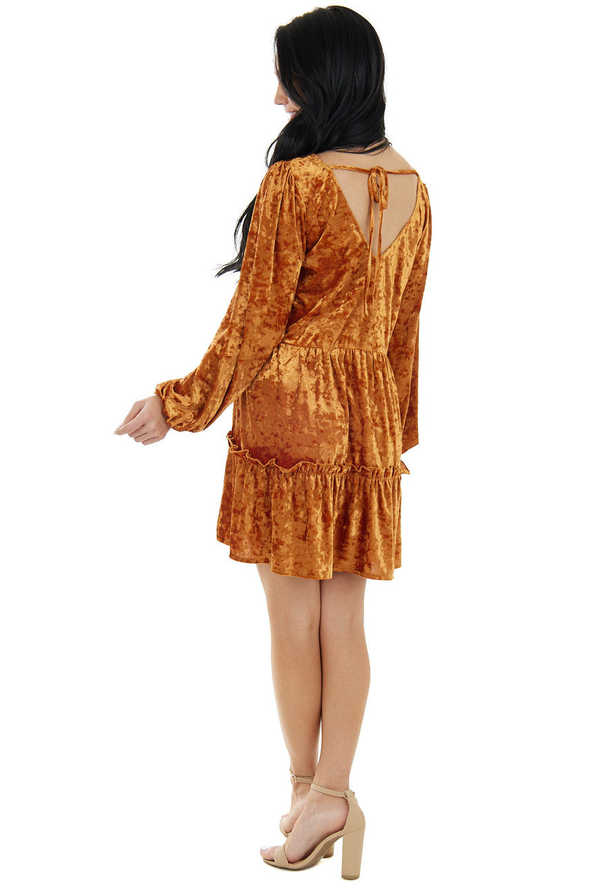 Caramel Crushed Velvet Long Sleeve Short Dress 