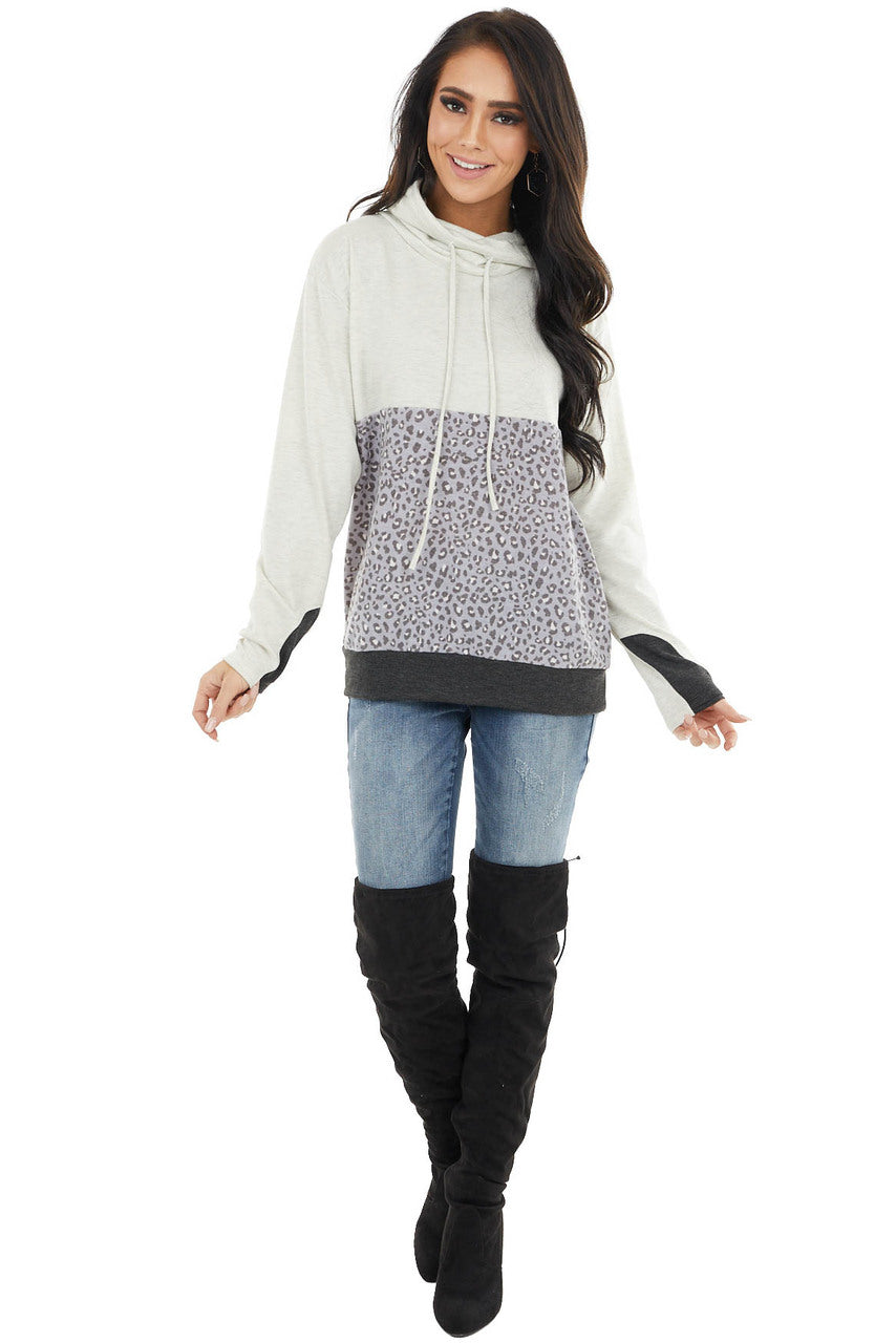Oatmeal Knit Cowl Neck Sweatshirt with Slate Leopard Print