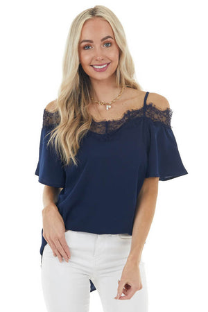 Navy Blue Cold Shoulder Short Sleeve Blouse with Lace