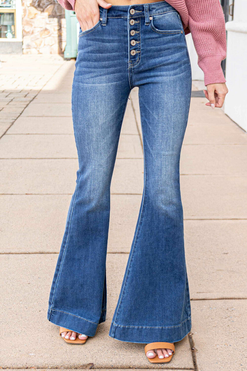 Mid Wash High Rise Button Up Fly Flare Jeans 