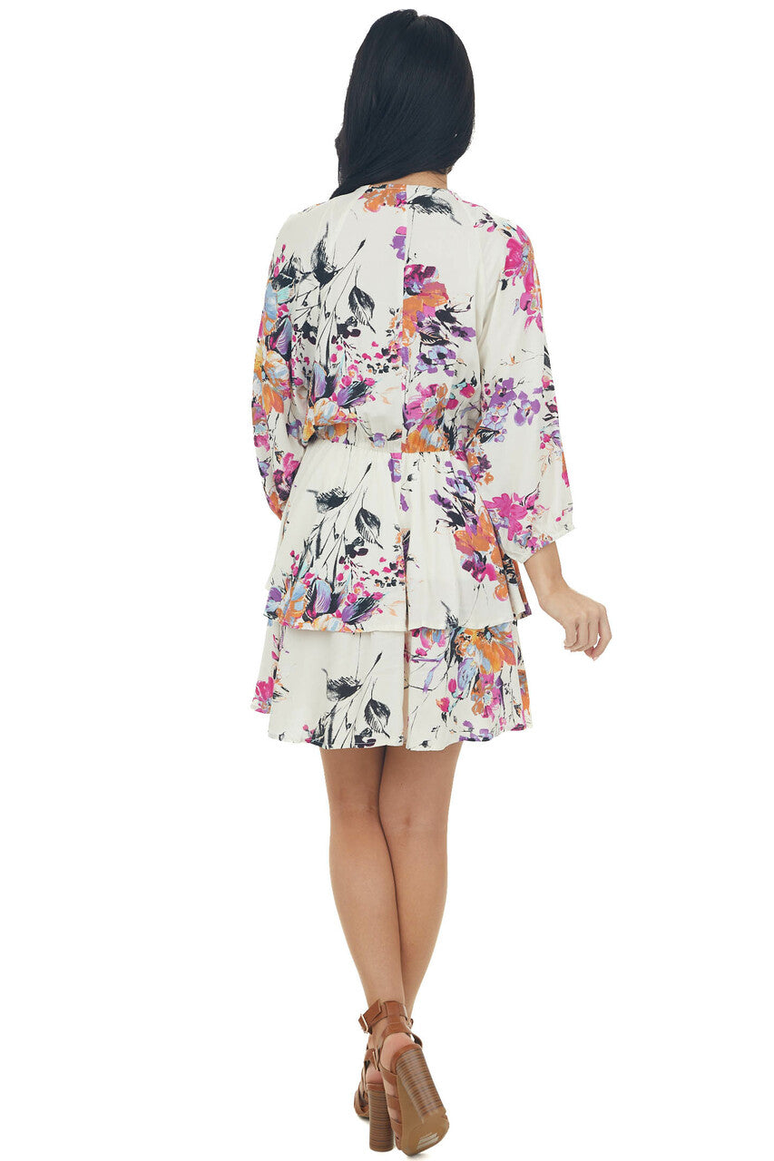Cream Floral Surplice Neck Mini Dress with Long Sleeves