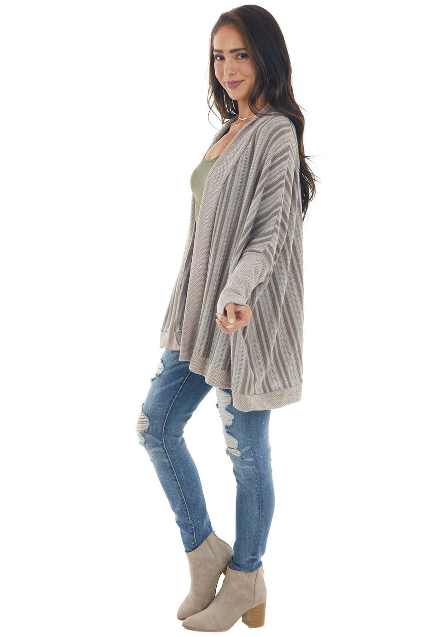 Dark Latte Striped Contrast Trim Cardigan 