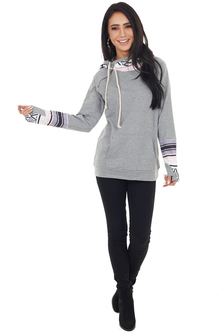 Heathered Stone Double Hooded Hoodie with Aztec Details