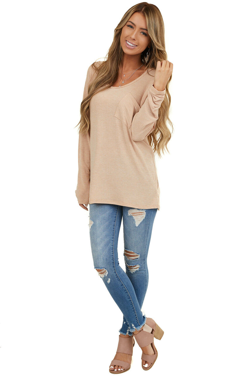 Desert Sand Long Sleeve Knit Top With Front Pocket Detail