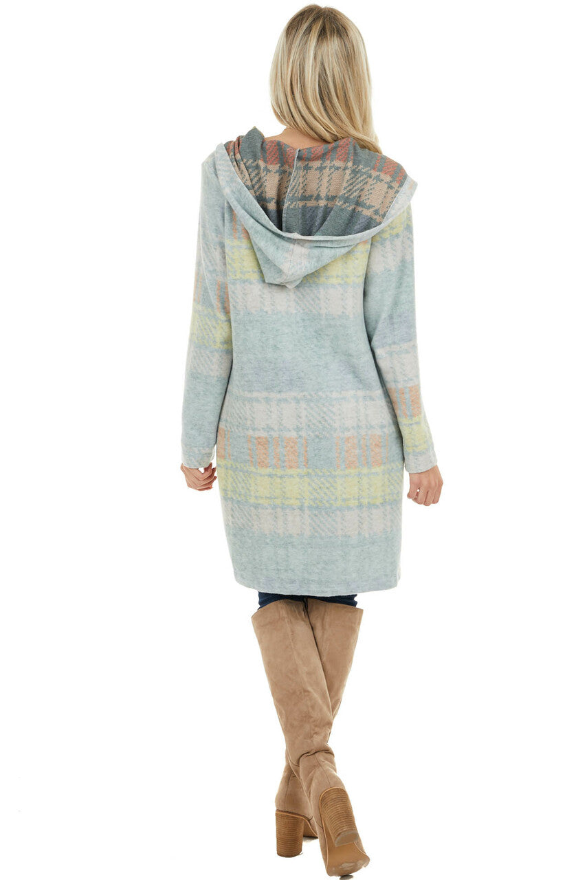 Faded Sage Multicolor Plaid Open Front Cardigan with Hood