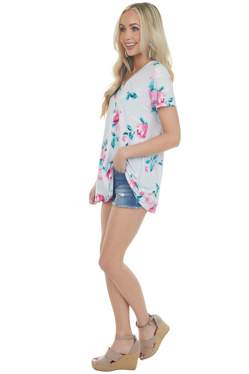 Lunar Grey Floral Print Short Sleeve Top with V Neckline