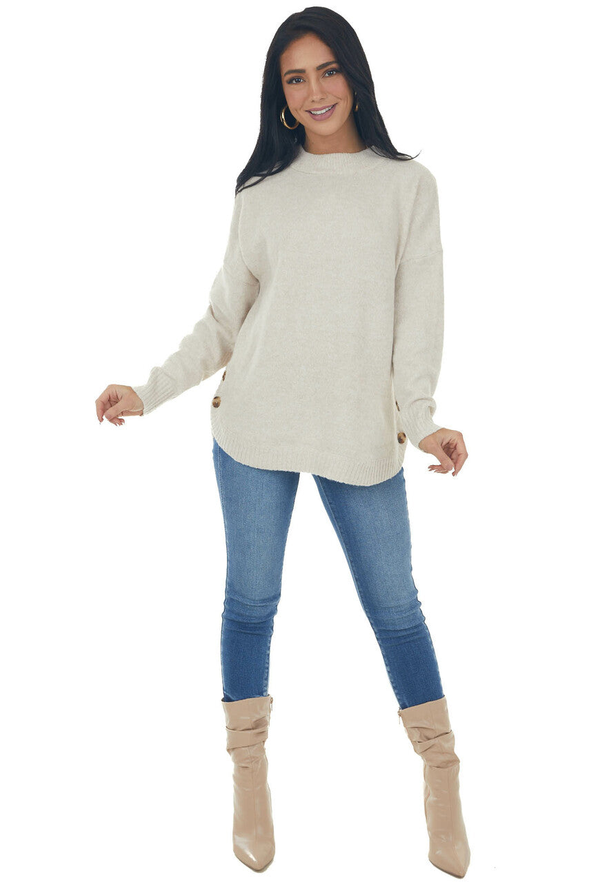 Oatmeal Crew Neck Button Detail Sweater Top