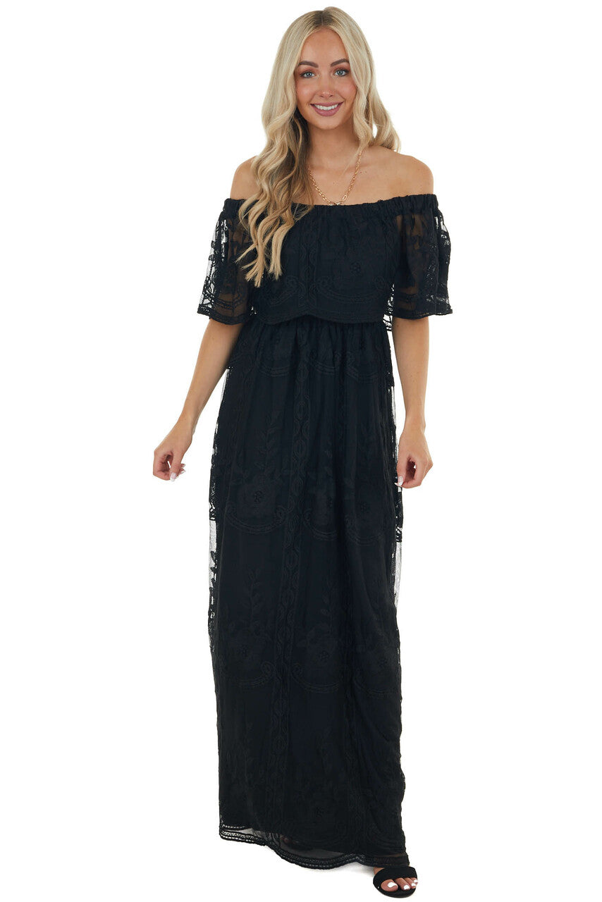 Black Off Shoulder Floral Lace Overlay Maxi Dress 