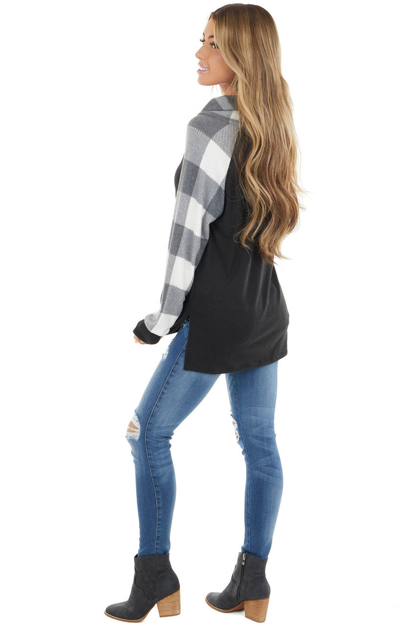 Black Super Soft Cowl Neck Top with Buffalo Plaid Sleeves