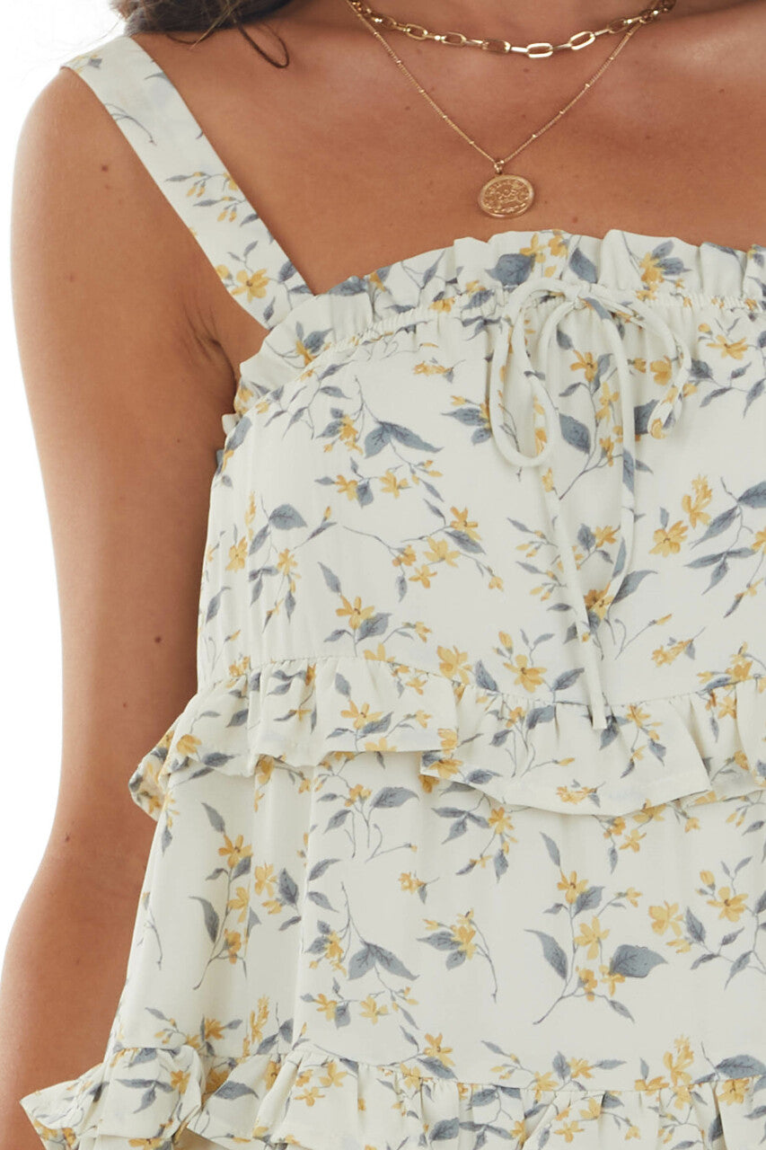 Cream Floral Sleeveless Tiered Ruffle Dress