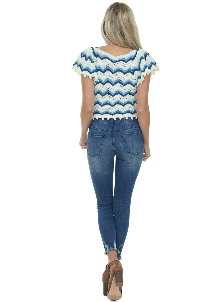Ivory and Cornflower Chevron Crochet Knit Top