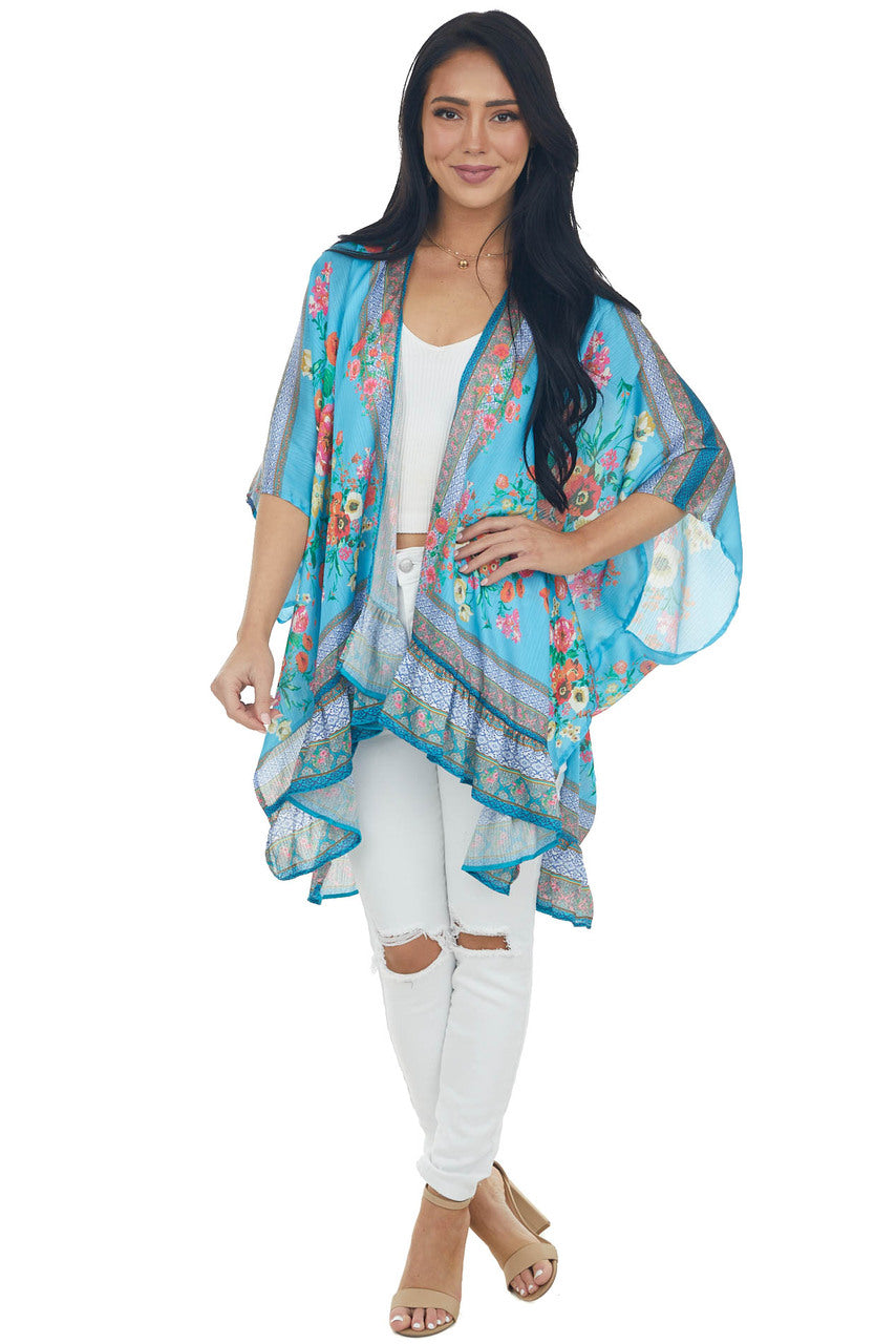 Ocean Floral Short Sleeve Open Front Kimono