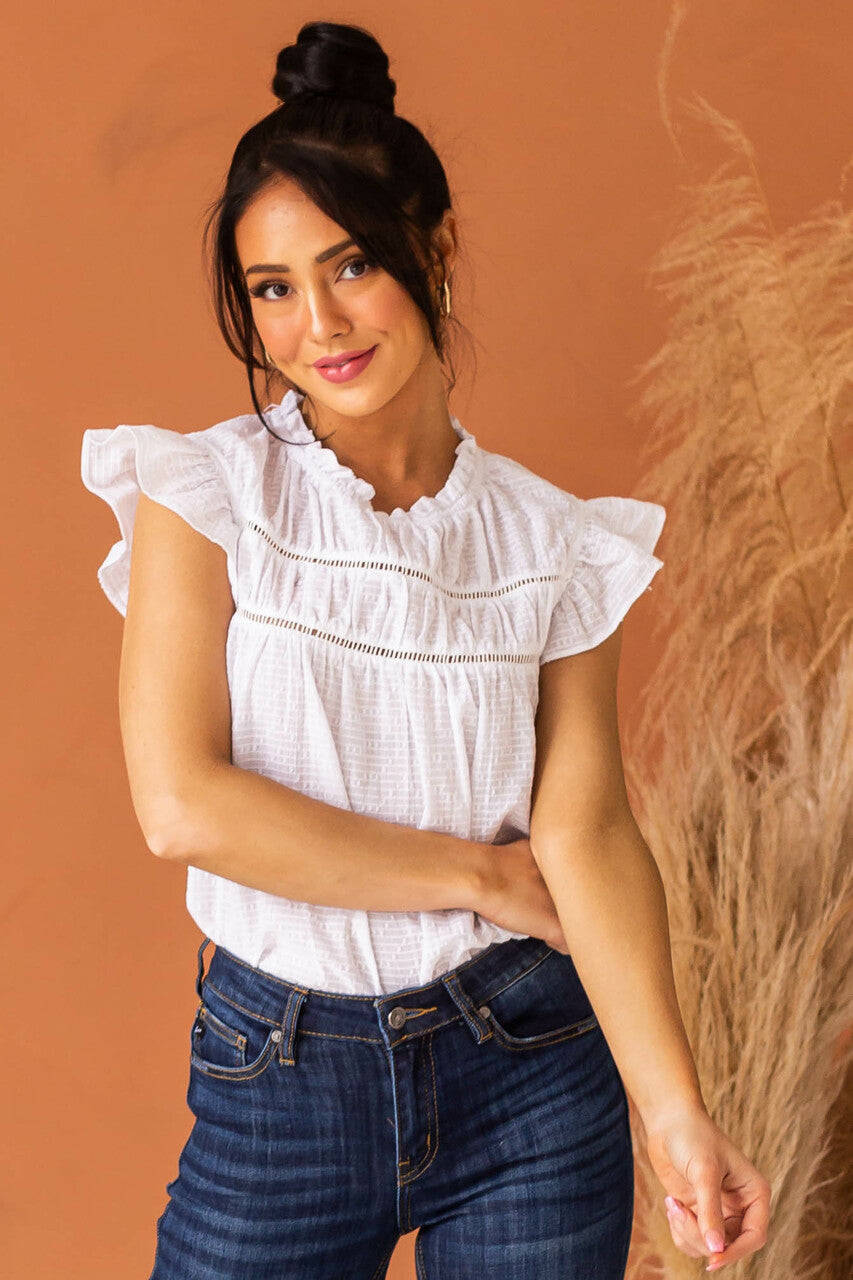 Off White Cap Sleeve Blouse with Lace Yoke