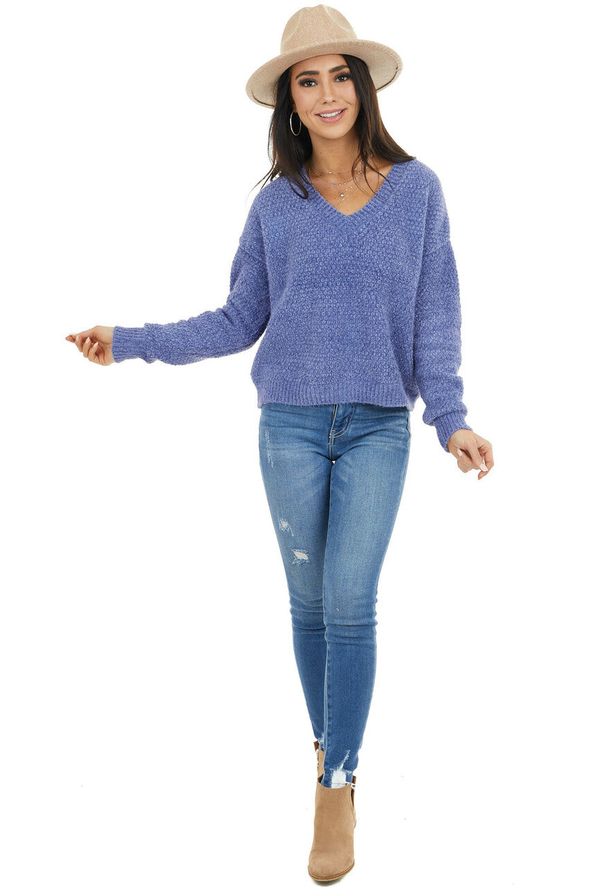 Dusty Blue Two Tone Slightly Cropped Sweater with V Neck