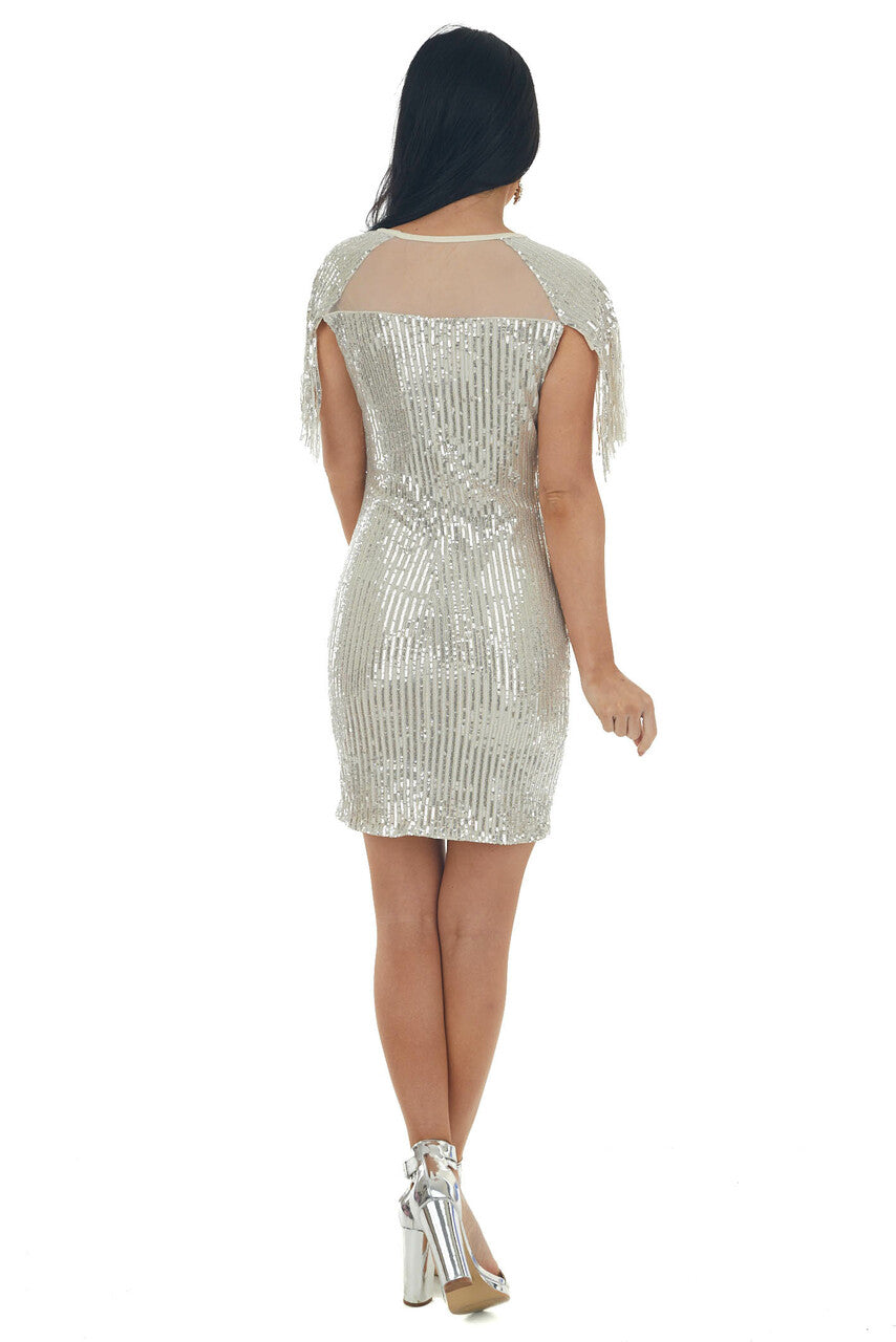 Champagne Sequin Fringe Sleeve Mesh Mini Dress 