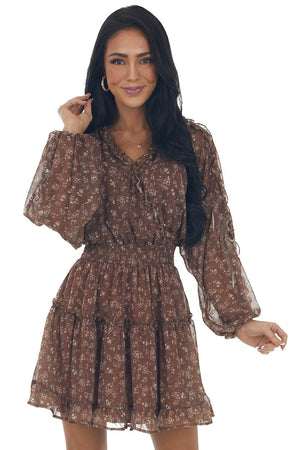 Coffee Floral and Metallic Print Ruffle Dress