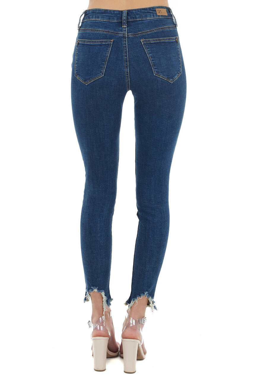 Dark Wash High Rise Skinny Jeans with Frayed Hem